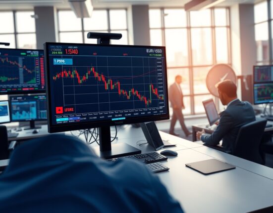 EUR/USD currency chart falling on a trading desk monitor amid Middle East conflict news.