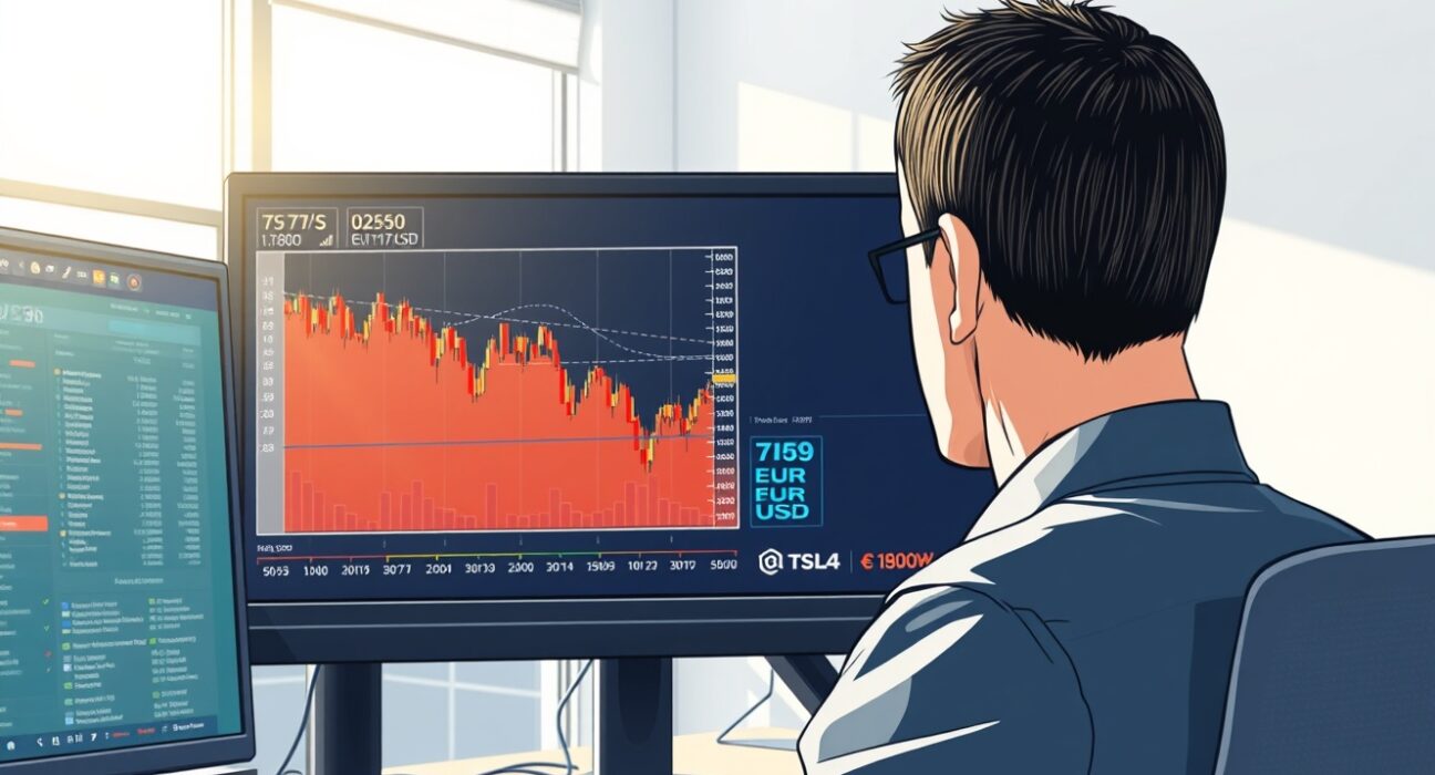 EUR/USD forex chart declining below 1.1800 amid Iran geopolitical uncertainty on trading desk monitors.