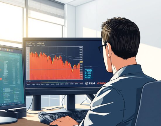 EUR/USD forex chart declining below 1.1800 amid Iran geopolitical uncertainty on trading desk monitors.