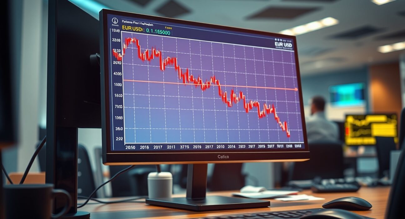 EUR/USD exchange rate chart falling below 1.1650 on a trading desk monitor amid geopolitical risk.
