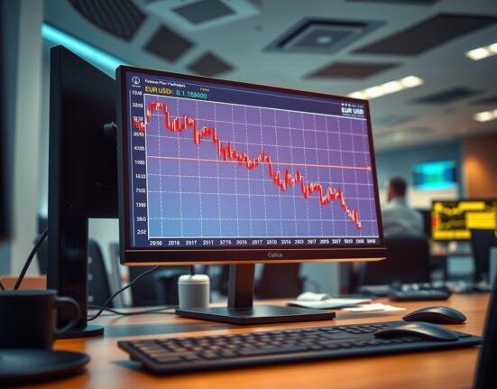 EUR/USD exchange rate chart falling below 1.1650 on a trading desk monitor amid geopolitical risk.