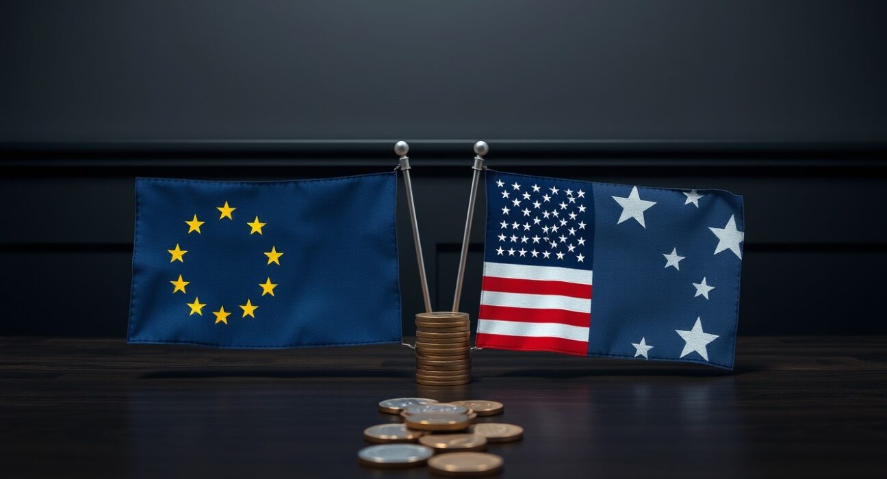EUR/USD falls to near 1.1700 as US tariffs on EU vehicles impact forex market, showing EU and US flags with euro and dollar coins.