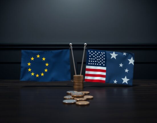 EUR/USD falls to near 1.1700 as US tariffs on EU vehicles impact forex market, showing EU and US flags with euro and dollar coins.