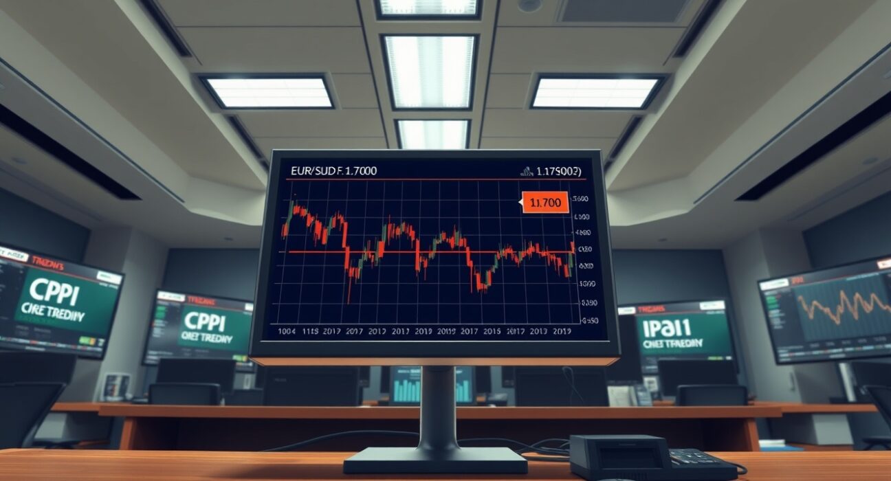 EUR/USD trading chart showing decline below 1.1700 amid US CPI and Iran talks news.