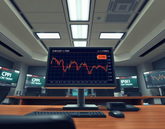 EUR/USD trading chart showing decline below 1.1700 amid US CPI and Iran talks news.