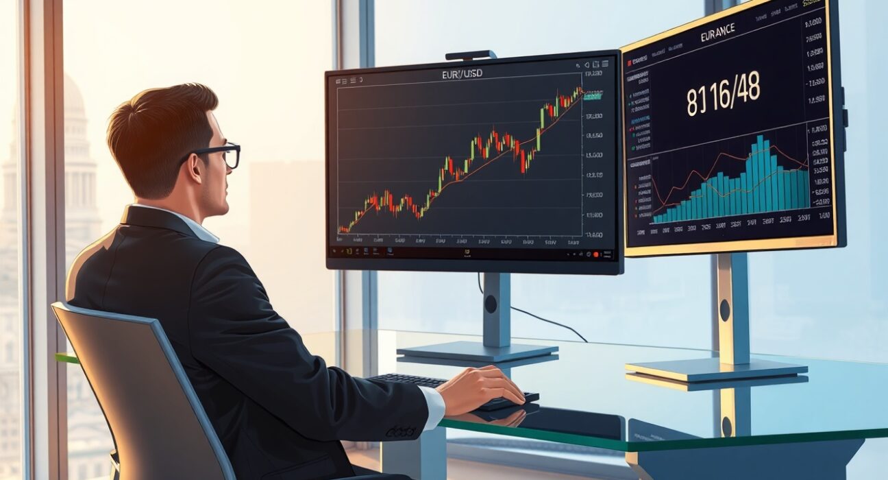 Financial analyst monitoring EUR/USD currency pair charts and Federal Reserve data in trading environment