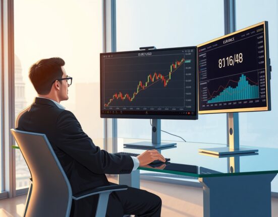 Financial analyst monitoring EUR/USD currency pair charts and Federal Reserve data in trading environment