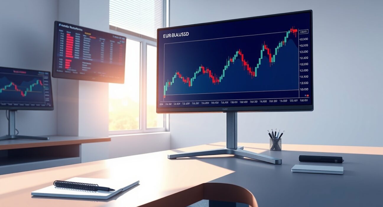 EUR/USD technical analysis chart showing price action near the 100-hour Simple Moving Average on a trading desk.