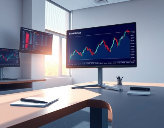 EUR/USD technical analysis chart showing price action near the 100-hour Simple Moving Average on a trading desk.