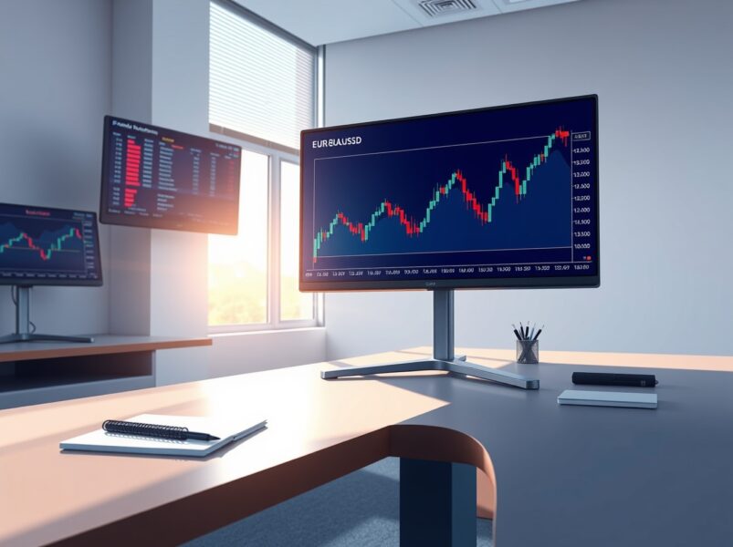 EUR/USD technical analysis chart showing price action near the 100-hour Simple Moving Average on a trading desk.