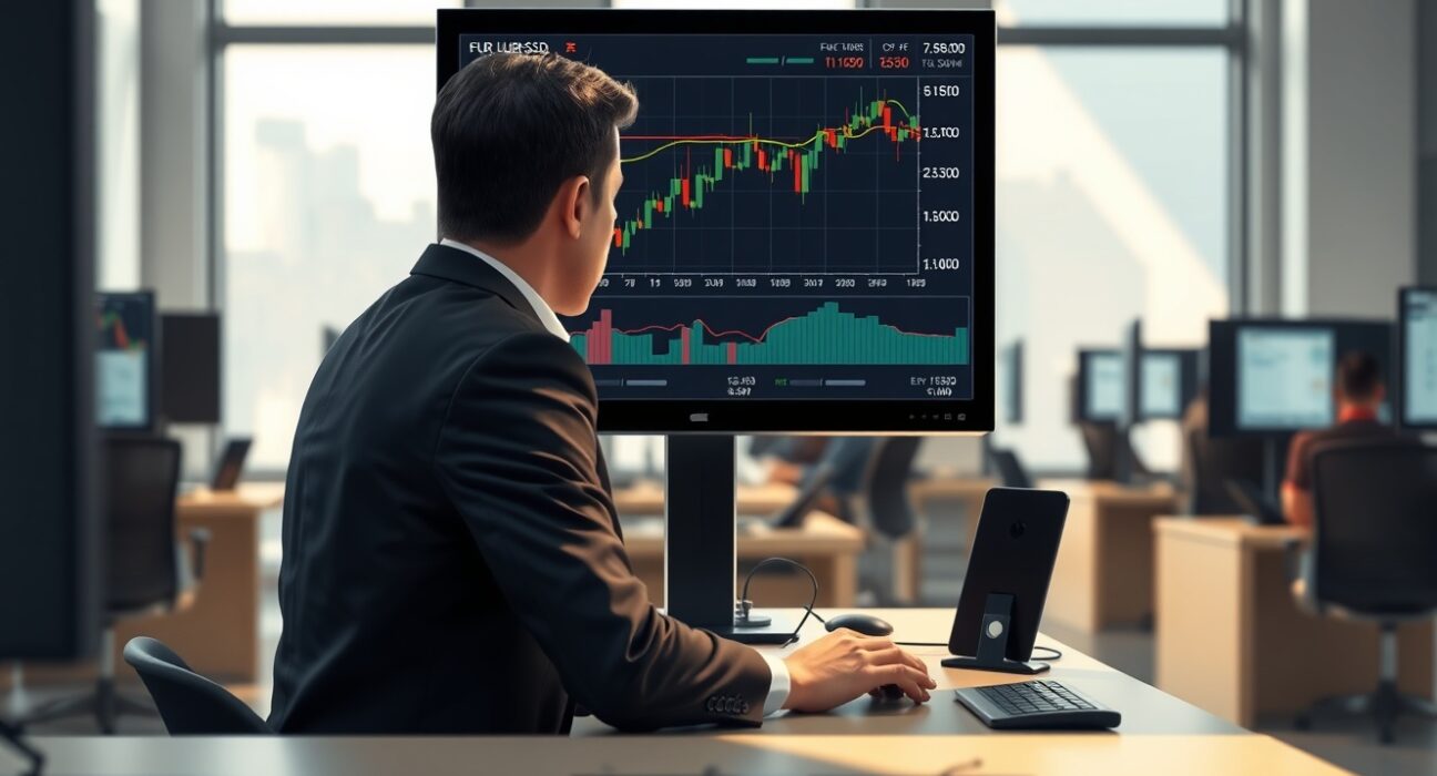 Professional trader analyzing the EUR/USD exchange rate chart showing the 1.1500 level amid market uncertainty.