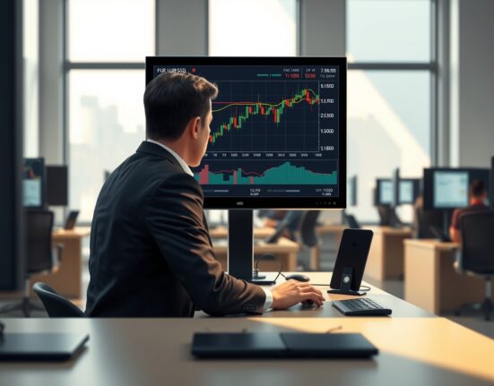 Professional trader analyzing the EUR/USD exchange rate chart showing the 1.1500 level amid market uncertainty.