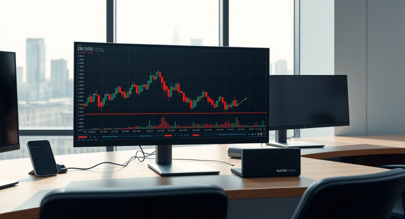 EUR/USD price chart analysis showing the 1.1650 resistance level and nine-day EMA on a professional trading desk.