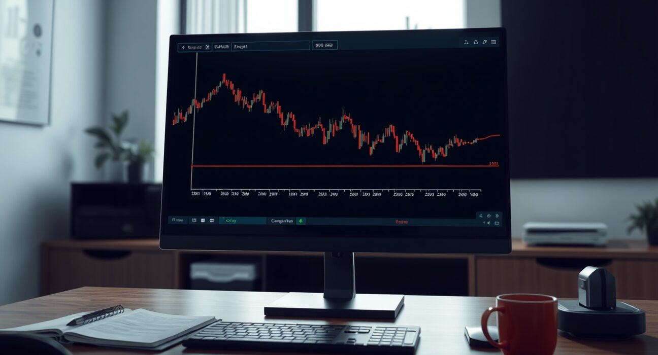 EUR/USD price chart analysis showing a breakdown below the 200-day moving average on a trading desk monitor.