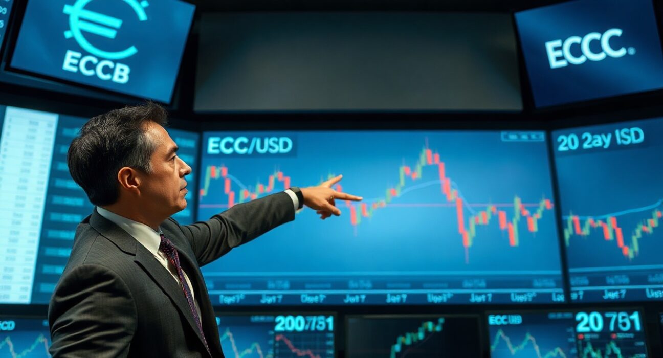 Financial analyst pointing at EUR/USD chart with downward-sloping 20-day EMA on a trading floor screen
