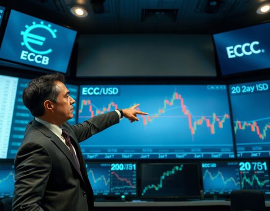 Financial analyst pointing at EUR/USD chart with downward-sloping 20-day EMA on a trading floor screen