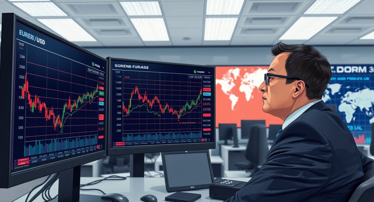 Financial analyst examines EUR/USD currency forecast charts showing predicted dip and surge patterns in Bank of America analysis.