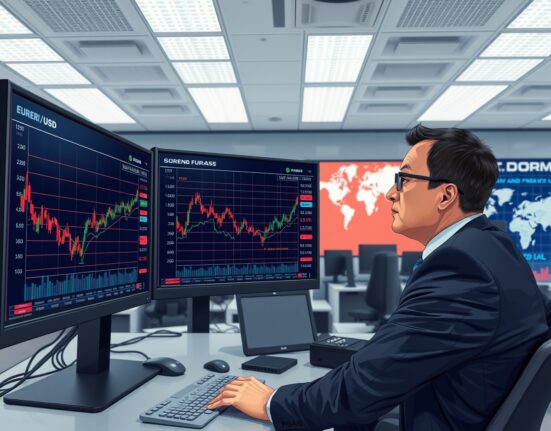 Financial analyst examines EUR/USD currency forecast charts showing predicted dip and surge patterns in Bank of America analysis.