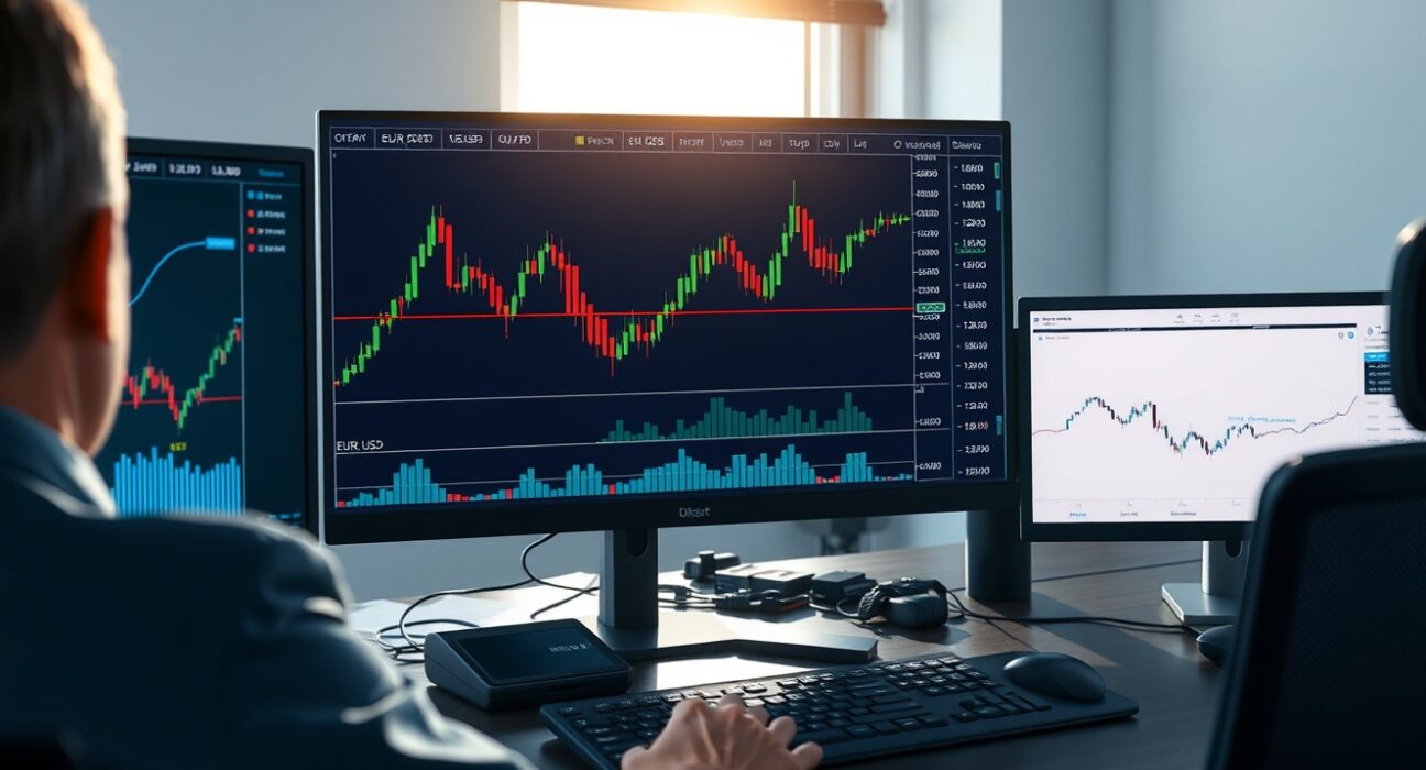 EUR/USD forecast analysis showing trading desk with real-time charts and moving averages indicating bullish reversal.