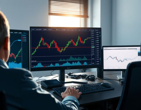 EUR/USD forecast analysis showing trading desk with real-time charts and moving averages indicating bullish reversal.