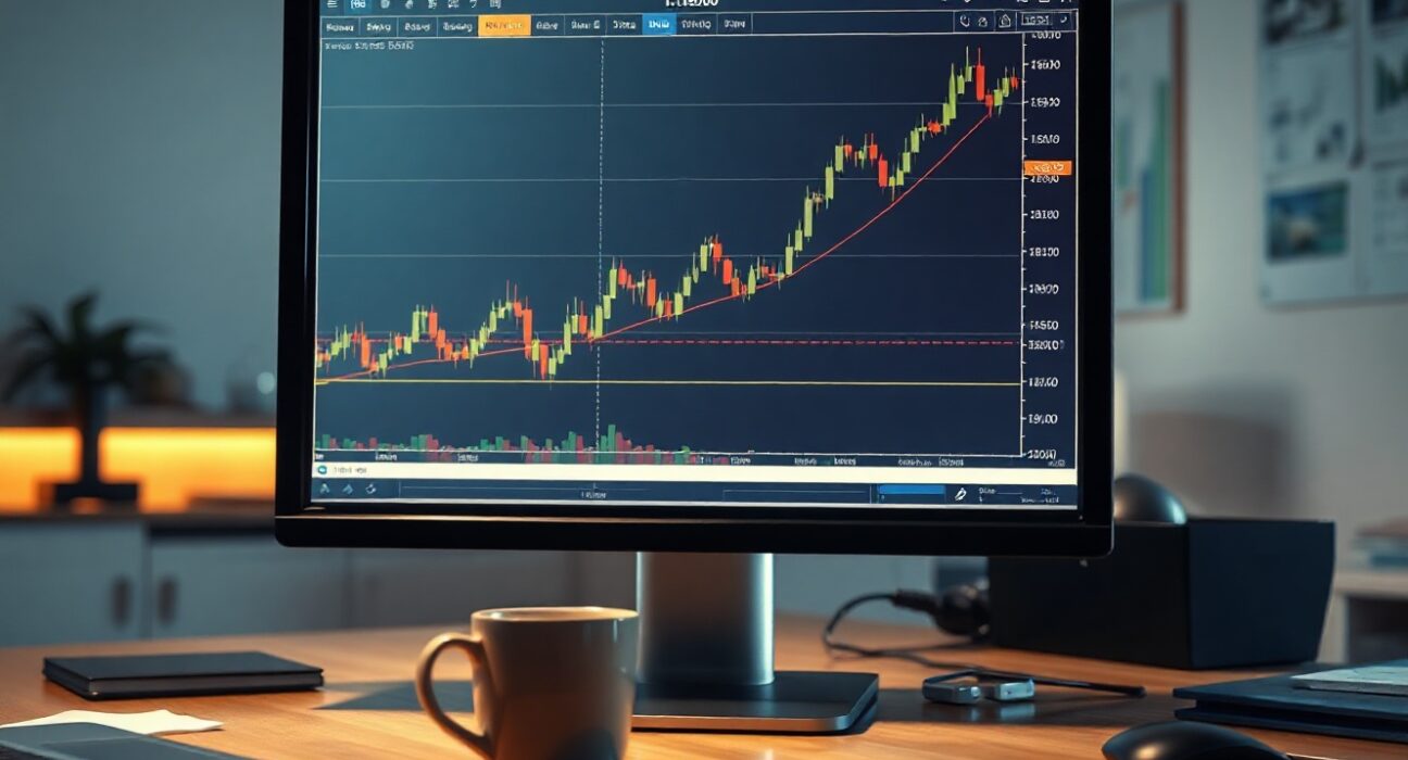 EUR/USD price chart on a monitor showing an upward trend toward 1.1600