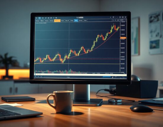 EUR/USD price chart on a monitor showing an upward trend toward 1.1600