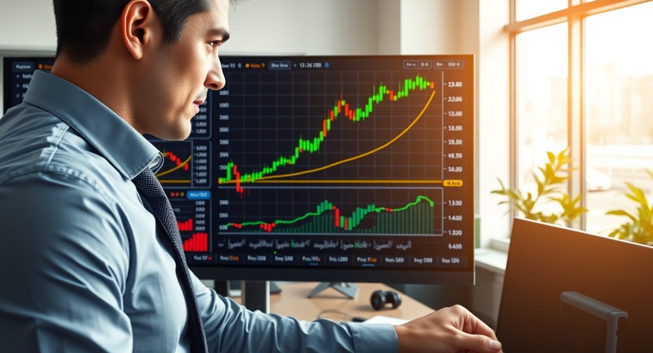 Financial analyst examining EUR/USD technical charts showing upward bias for currency forecast.