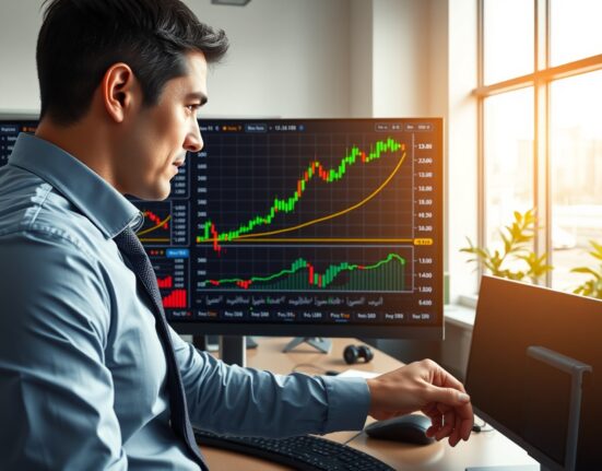Financial analyst examining EUR/USD technical charts showing upward bias for currency forecast.