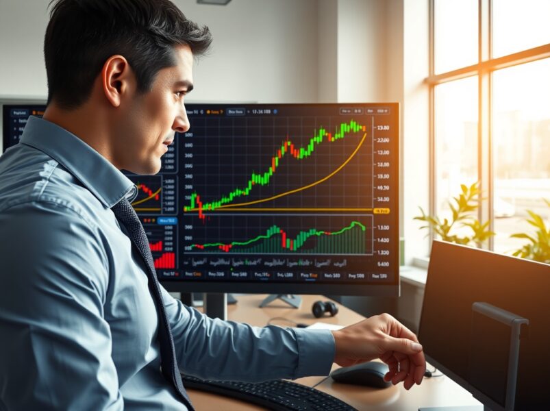 Financial analyst examining EUR/USD technical charts showing upward bias for currency forecast.