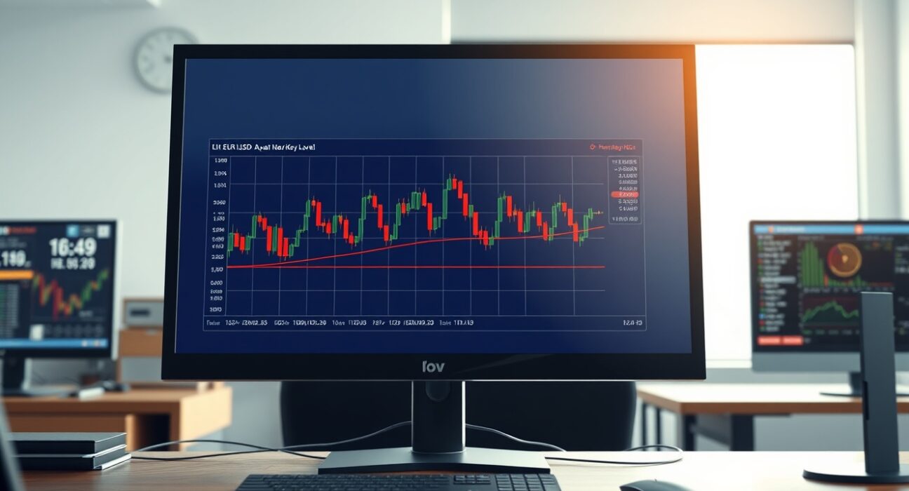 Professional trading desk analyzing the EUR/USD exchange rate chart showing consolidation.