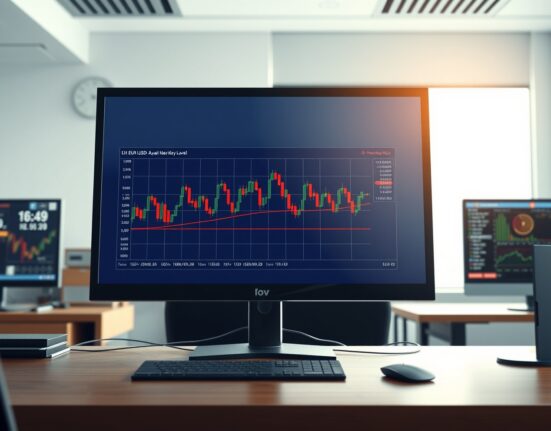 Professional trading desk analyzing the EUR/USD exchange rate chart showing consolidation.