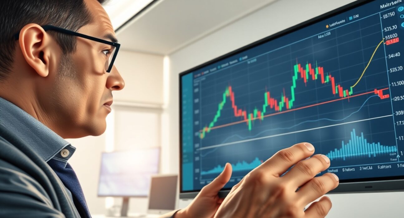 Financial analyst examines EUR/USD chart highlighting currency pair forecast and market risks.