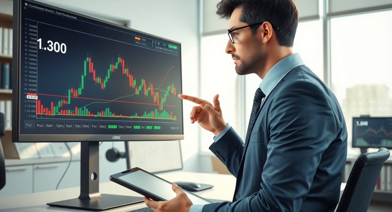 Financial analyst reviewing EUR/USD technical chart showing the critical 1.150 support level in forex market analysis.