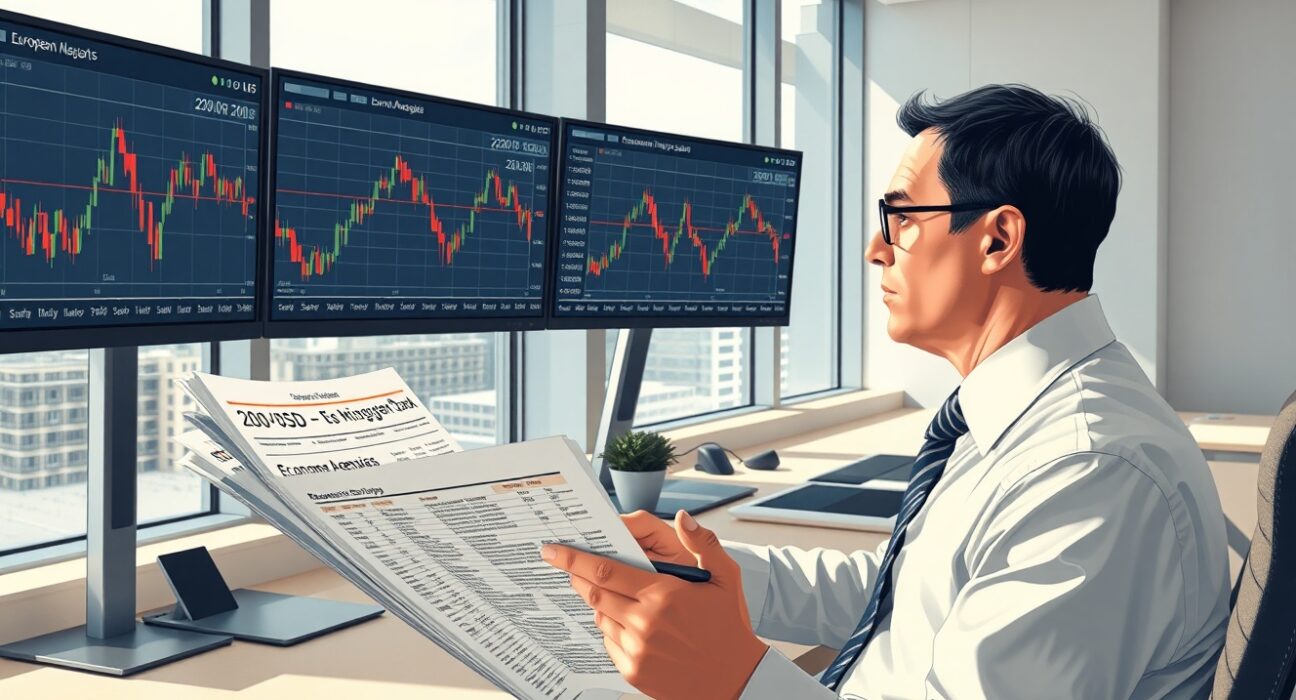 Financial analyst monitoring EUR/USD price charts with 200-day EMA as ECB warns about inflation