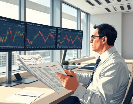 Financial analyst monitoring EUR/USD price charts with 200-day EMA as ECB warns about inflation