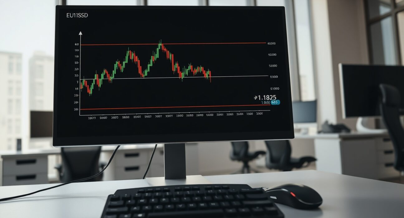 EUR/USD price chart analysis showing the key 1.1825 Fibonacci retracement resistance level on a professional trading monitor.