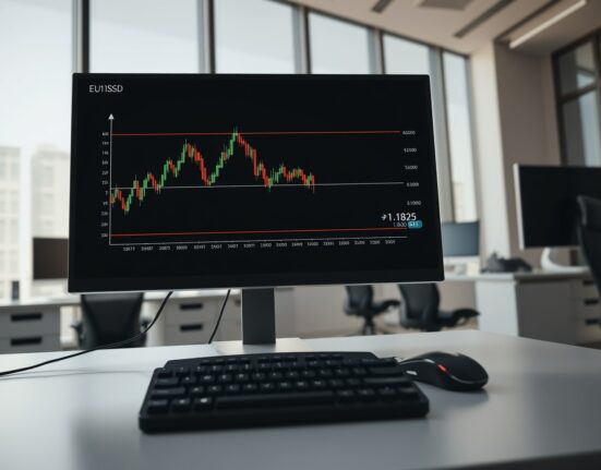 EUR/USD price chart analysis showing the key 1.1825 Fibonacci retracement resistance level on a professional trading monitor.