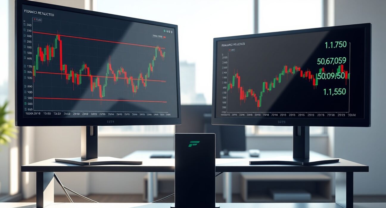 EUR/USD price chart analysis showing Fibonacci retracement levels at 1.1750 resistance on trading desk monitors