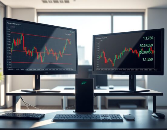 EUR/USD price chart analysis showing Fibonacci retracement levels at 1.1750 resistance on trading desk monitors