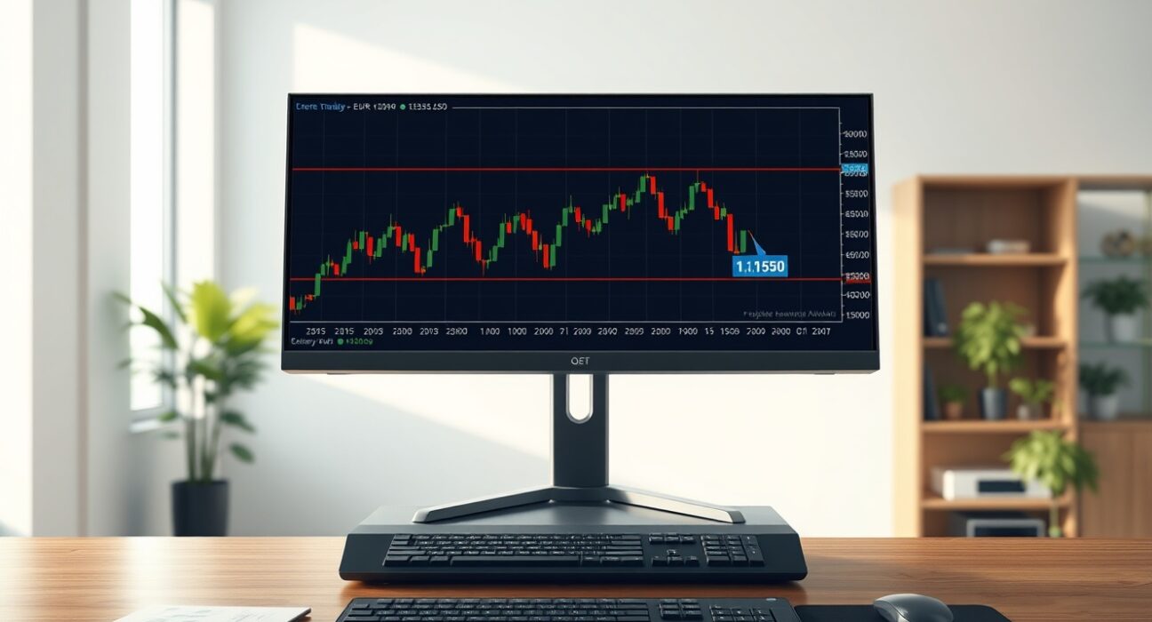 EUR/USD price chart analysis showing Fibonacci retracement levels on a professional trading desk monitor.