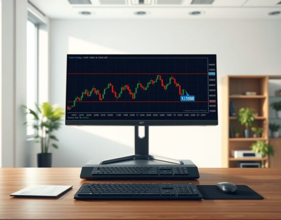 EUR/USD price chart analysis showing Fibonacci retracement levels on a professional trading desk monitor.
