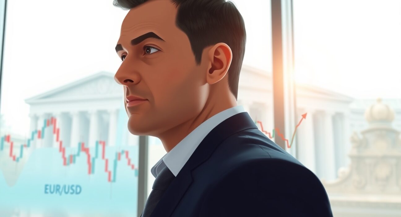 Financial analyst reviewing EUR/USD chart with ECB policy context for currency forecast.