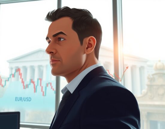 Financial analyst reviewing EUR/USD chart with ECB policy context for currency forecast.