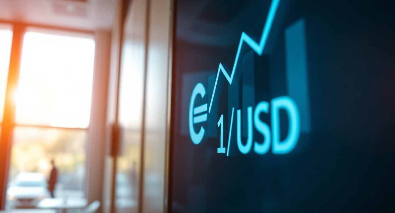 Euro and US dollar currency pair displayed on a financial trading screen with an upward trend line.