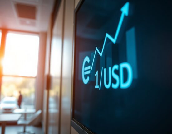 Euro and US dollar currency pair displayed on a financial trading screen with an upward trend line.