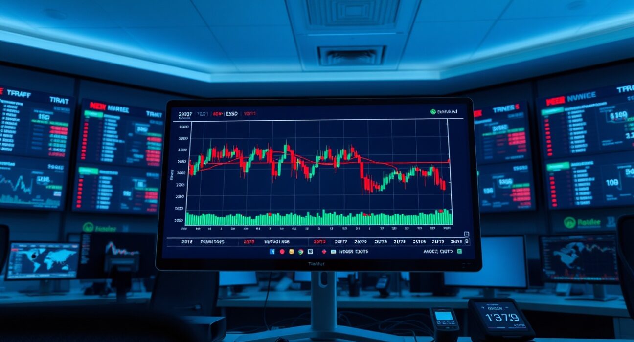 EUR/USD chart on trading monitor with cautious market sentiment ahead of US jobs data