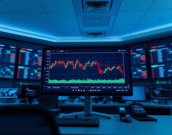 EUR/USD chart on trading monitor with cautious market sentiment ahead of US jobs data