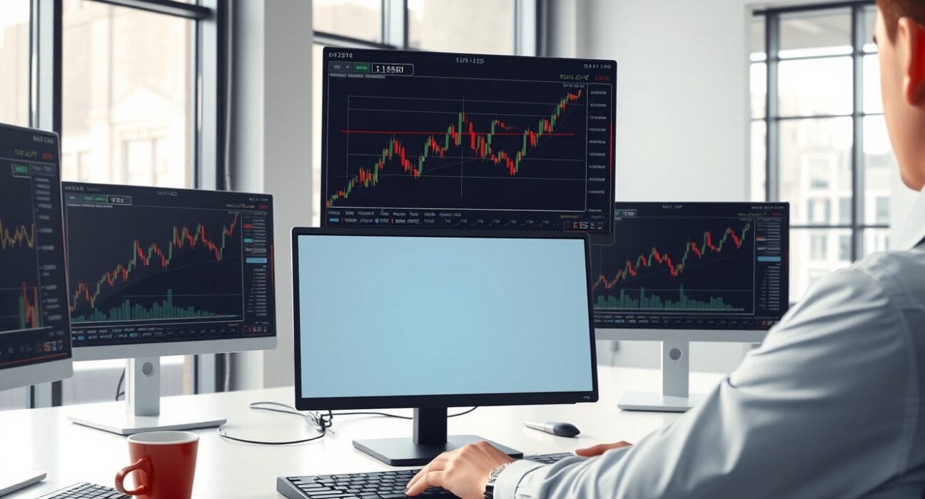 EUR/USD price chart analysis showing technical levels on professional trading monitors