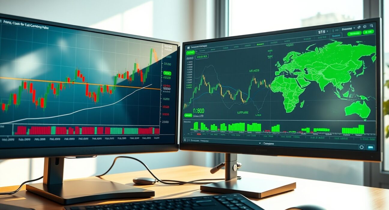 EUR/USD price forecast analysis showing bullish chart patterns on trading desk monitors.