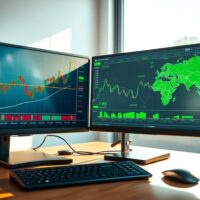 EUR/USD price forecast analysis showing bullish chart patterns on trading desk monitors.
